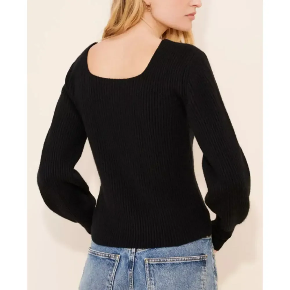 Madewell Soft Wool-Blend Square-Neck Pullover Sweater 2XS Black Blouson Sleeve